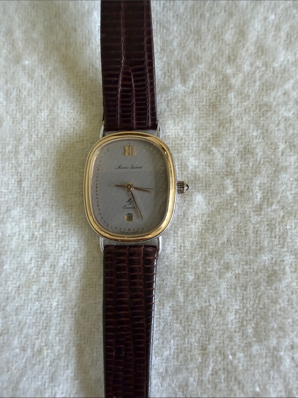 Maurice Lacroix Gold-Tone Oval Case Watch with Brown Leather Strap